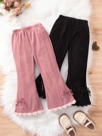 2件套少女时尚可爱喇叭裤，立体网眼蝴蝶结毛球裤腿，柔软舒适的罗纹梭织女童休闲裤，时尚百搭的度假风，非常适合春秋季户外活动、上学、度假、派对、聚会、骑行、跑步和日常穿着