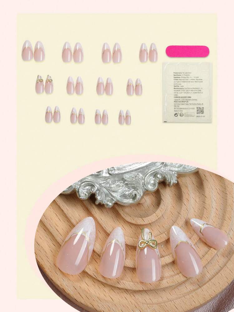 24pcs French Almond Shaped Ombre Nail Stickers, Y2K Style With 3D Gold Bow Decor, Shiny & Glossy, Removable Design, Full Coverage, Suitable For Women's Daily Wear Nails Nail Supplies - Multicolor - View 2