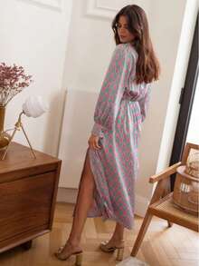 Elegancka i modna sukienka damska z długim rękawem i kolorowym wzorem syjamskim – cała część ma eleganckie, wysokie rozcięcie aż do przodu uda, zapinane na guziki, idealna na codzienne randki, imprezy, wakacje, popołudniową herbatę i oficjalne okazje