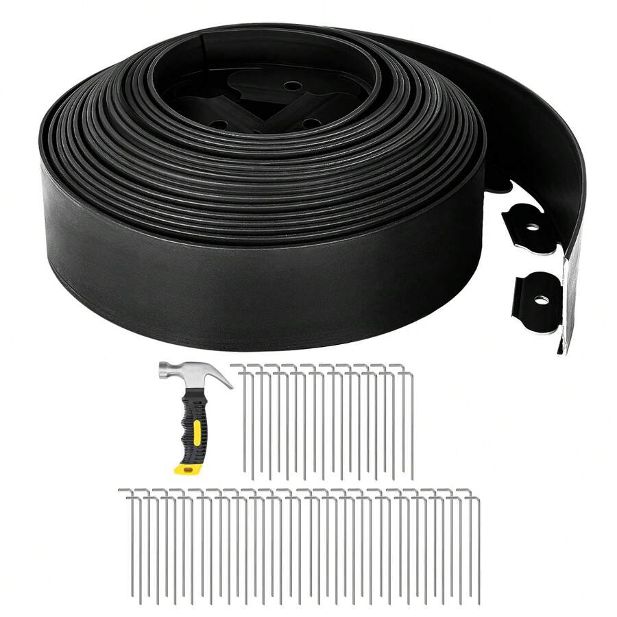 Borde de jardín flexible de 4 pulgadas de altura con picos de anclaje de acero galvanizado y kit de borde de césped para cama de flores, camino, proyecto de paisajismo, negro - Negro - Ver 1