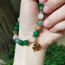 1 Piece Green Aventurine And Chrysocolla Bead Necklace Bracelet With Clover Pendant, Natural Stone Wealth Jewelry, Vintage Bohemian Style, St. Patrick's Day And Thanksgiving Gift, Unisex Elegant Accessory - 綠色 - 查看 7