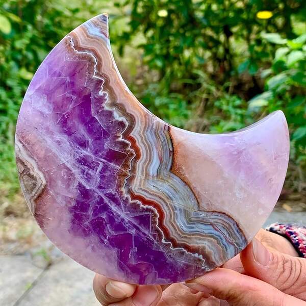 1 pezzo Uovo di luna in stile boho in cristallo di ametista e agata, intagliato a mano con agata a trama pazza, pietra in stile bohémien, per decorazione della casa, ideale come regalo per Natale, Ringraziamento, San Valentino, design in agata a trama