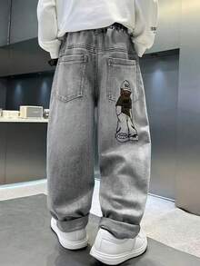 休闲街头风格青少年男孩时尚卡通刺绣牛仔裤 - 灰色 - 查看 4