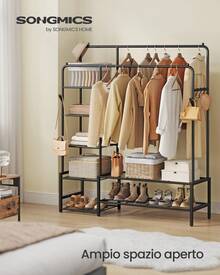 SONGMICS Stand Appendiabiti, Guardaroba Aperto, 7 Ripiani Portaoggetti, Struttura in Metallo, Barre Appendiabiti, Camera da Letto, Soggiorno, Ingresso, Nero - Circa 115,8x45x172,8cm - Visualizzare 1
