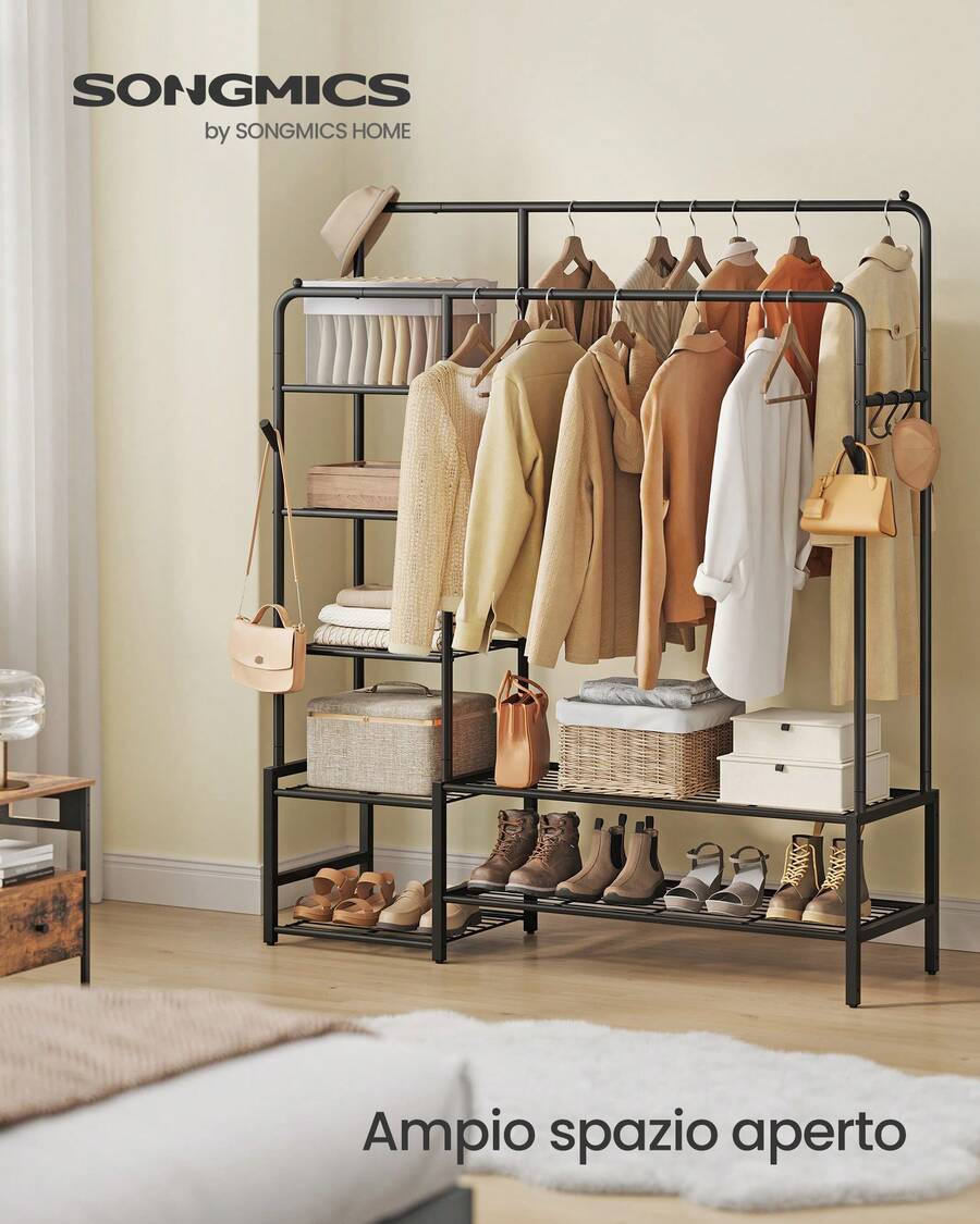SONGMICS Stand Appendiabiti, Guardaroba Aperto, 7 Ripiani Portaoggetti, Struttura in Metallo, Barre Appendiabiti, Camera da Letto, Soggiorno, Ingresso, Nero - Circa 115,8x45x172,8cm - Visualizzare 1