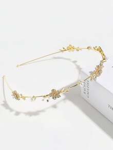 1件装女士纯色合金金属花朵仿珍珠水钻细发箍，优雅甜美校园风，适合派对、舞会、日常佩戴，女士发箍发带发饰头饰 - 金色 - 查看 5