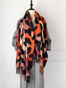 1 pieza Nuevo estilo de imitación de cachemira Chal grande con estampado de leopardo colorido y cálido, chal/manta versátil y de moda con flecos cortos para mujer, perfecto para viajar, fiestas, salas con aire acondicionado y regalo familiar para vestir en otoño e invierno - Estampado de leopardo colorido - Ver 9