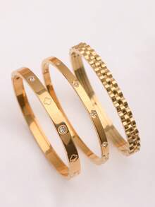 Pulsera de acero inoxidable chapada en oro de 18K con diseño de trébol de cuatro hojas, adecuada para reuniones de mujeres, uso diario, estilo europeo y americano, personalizada, elegante, lujosa con circonita cúbica, conjunto de joyería de boda, regalo para niñas, mujeres, familiares, amigos, hermosa boda, cumpleaños, Día de San Valentín, Día de la Madre, regalo - Oro 2 - Ver 16