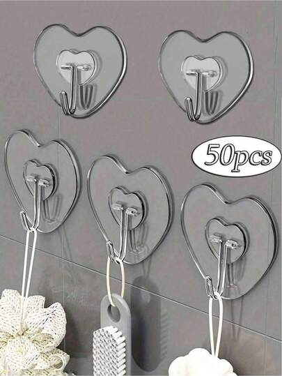 1pc/10pcs Strong Adhesive Clear Wall Hooks - Casual Style, Easy To Install, No Drilling Required, Plastic Heart Shaped Utility Hooks For Kitchen And Bathroom, Wall Mounted Storage Organizer Bathroom Organizer Bathroom Decor Fall Decor Back To School
