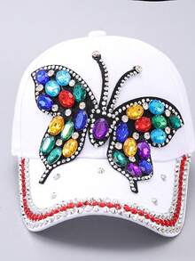 Nueva gorra de béisbol de mezclilla con mariposa de rhinestone, sombrero casual versátil para exteriores, protección UV