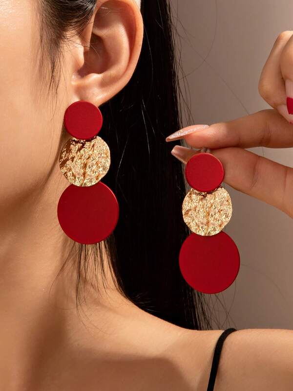 1 par de pendientes colgantes geométricos rojos de metal, pendientes largos para mujer, uso diario, Año Nuevo, decoración navideña, regalo para la novia