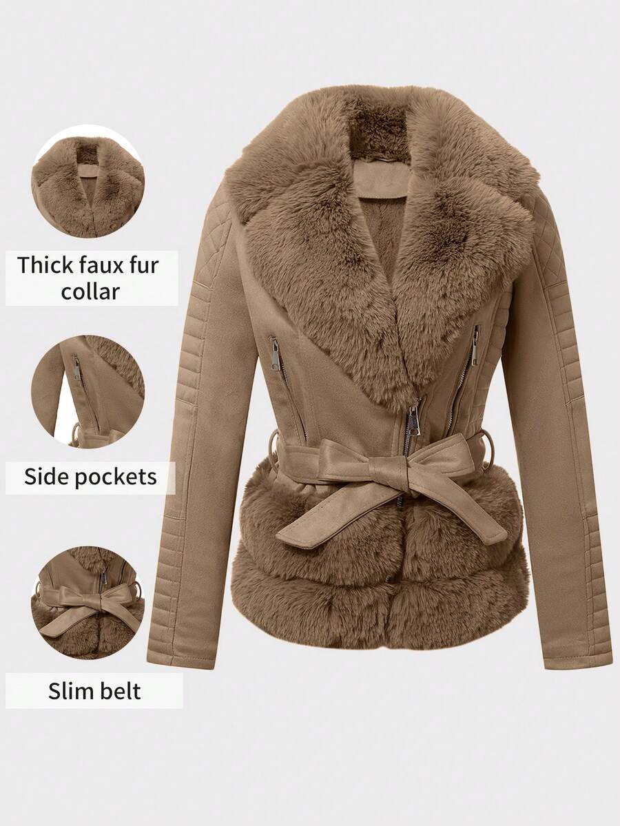 Risissida Ladies' Elegant Faux Fur Collar Short Jacket With Adjustable Waist And Bonus Belt - Perfect For Autumn And Winter