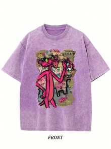 230g Washed, Pink Leopard Graffiti Wall Printed T-Shirt, High Quality Batik Cotton Retro Fashion Brand T-Shirt, Men's T-Shirt, Men's Summer T-Shirt, Holiday Gift, Perfect Gift. - 紫色 - 查看 1