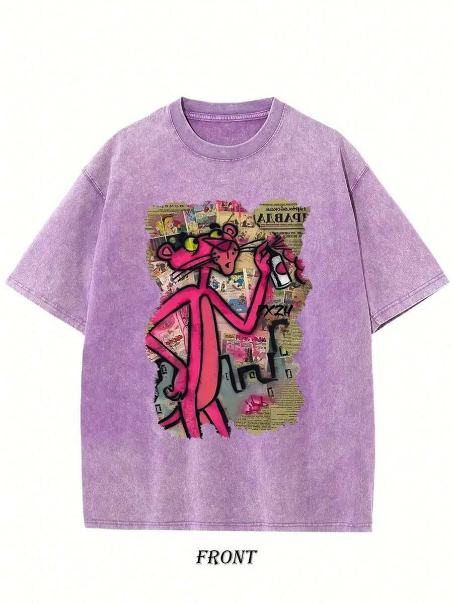 230g Washed, Pink Leopard Graffiti Wall Printed T-Shirt, High Quality Batik Cotton Retro Fashion Brand T-Shirt, Men's T-Shirt, Men's Summer T-Shirt, Holiday Gift, Perfect Gift. - 紫色 - 查看 1