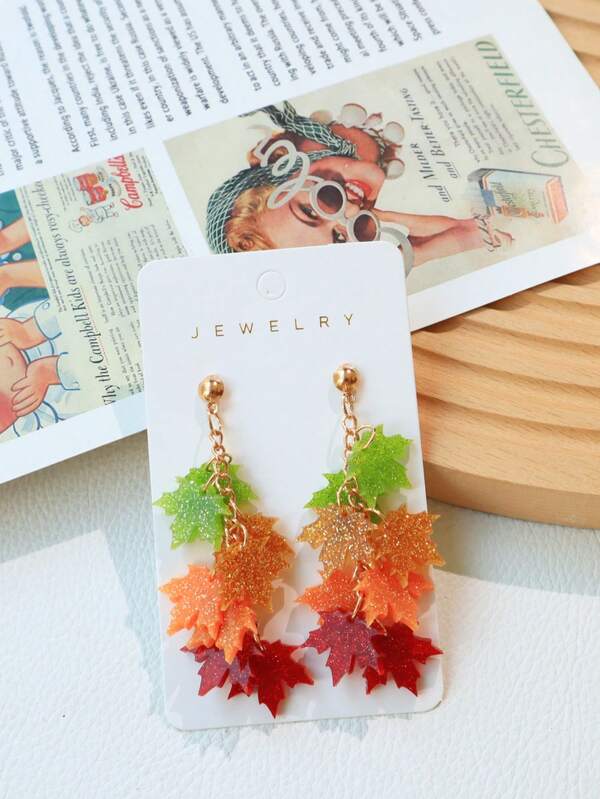 1 Pair Acrylic Maple Leaf Earrings, Handmade Blingbling Vintage Chain Earrings For Women, Autumn/Winter