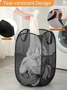 Collapsible Pop-Up Laundry Hamper Basket: Features Sturdy Handles & Side Pocket, Breathable Mesh & One-Second Pop-Up/Collapse Design.  For Efficient Dirty Clothes Storage & Easy Transport.  Perfect For Dorm Rooms, College Life, Laundry/Bathroom Organization, Travel & Small Spaces.  Ideal For Students, Travelers, Space-Saving Homes.  Black. - 黑色 - 查看 4