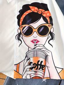 2pcs Girls Autumn/Winter Denim Set, Fashionable Cartoon Character Print Long Sleeve Shirt + Five-Pointed Star Embroidery & Frayed Hem Jeans, Casual & Versatile