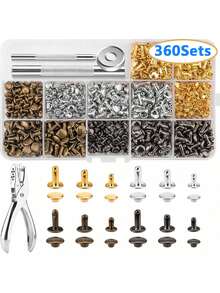 480/360/180 Sets Rivets For Leather, Leather Rivet Kit, 4 Colors 3 Sizes Leather Rivets And Snaps For Leather Crafts, Clothes, Shoes, Leather Boots, Bags, Decoration (Gold, Silver, Bronze And Gunmetal)