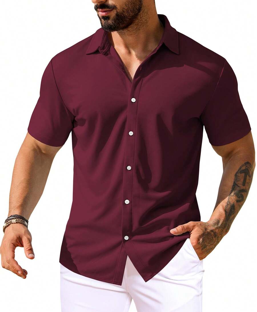 URRU Men's Muscle Dress Shirts Collared Stretch Short Sleeve Casual Button Down Shirts For Men - 酒紅色 - 查看 1