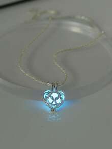 1pc Fashionable Silver-Plated Copper Shiny Bling Chain With Glow-In-The-Dark Heart Pendant Necklace, Suitable For Women's Daily, Party, Vacation, And Date Occasions