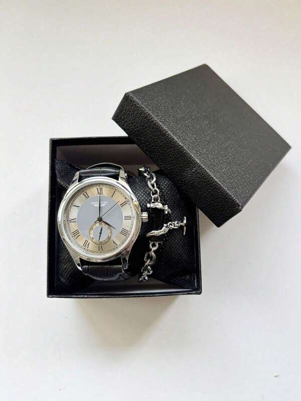 ساعة رجالية كاجوال بسوار جلد PU وعقارب تناظرية، ساعة معصم للأعمال