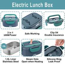 100W Electric Lunch Box Food Heater, Food Warmer For Car Truck Office, 1.5L Stainless Steel Self-Heated Lunchbox For Adult, Portable Heating Box With Adapters Fork Spoon Insulated Bag - 查看 8