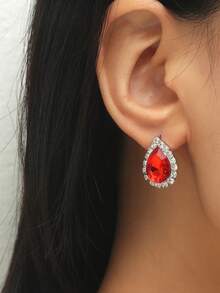 復古淚滴水晶水鑽耳環釘狀首飾適合女士1對 - 銀色 - 查看 15