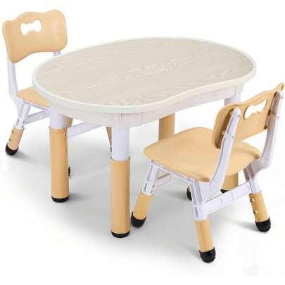 Kids Table And Chairs Set, Height-Adjustable Peanut-Shaped Table, Erasable Drawing Desk With 2 Chairs, HDPE Plastic Non-Slip Children's Furniture For Learning, Play & Eating, 80x60cm