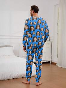Printstory Customized Men's Pajama Set, Personalized With Any Pattern, Unique Custom Gift, Suitable For Family, Friends, Holiday Parties - Blue - View 3