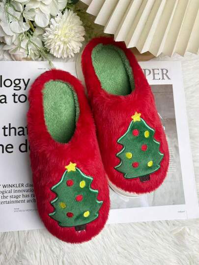 أحذية منزلية مبطنة بفرو ناعم بشكل شجرة عيد الميلاد، أحذية منزلية مبطنة بقماش ناعم وفرو للنساء، مضادة للانزلاق للاستخدام المنزلي في فصل الشتاء
