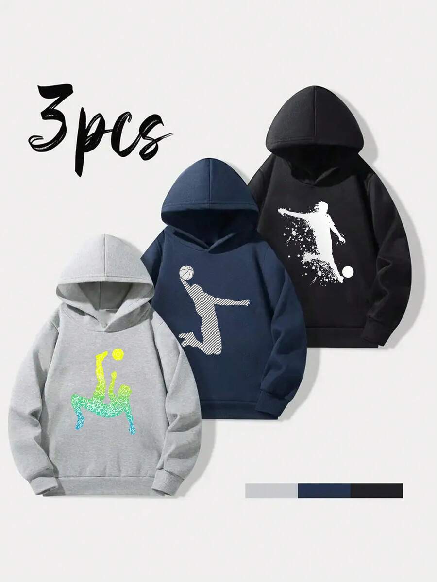 3pcs/Set Tween Boy Casual Printed Hooded Sweatshirts, Thick Thermal Lined Long Sleeve Pullover Tops For Students, Autumn/Winter - Multicolor - View 1