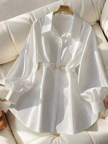 Elegant White Collared Long Sleeve Shirt For Women, Made Of Slightly Stretchy Polyester With A Belted Design And Asymmetrical Long Length