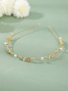 1件装女士纯色合金金属花朵仿珍珠水钻细发箍，优雅甜美校园风，适合派对、舞会、日常佩戴，女士发箍发带发饰头饰 - 金色 - 查看 2