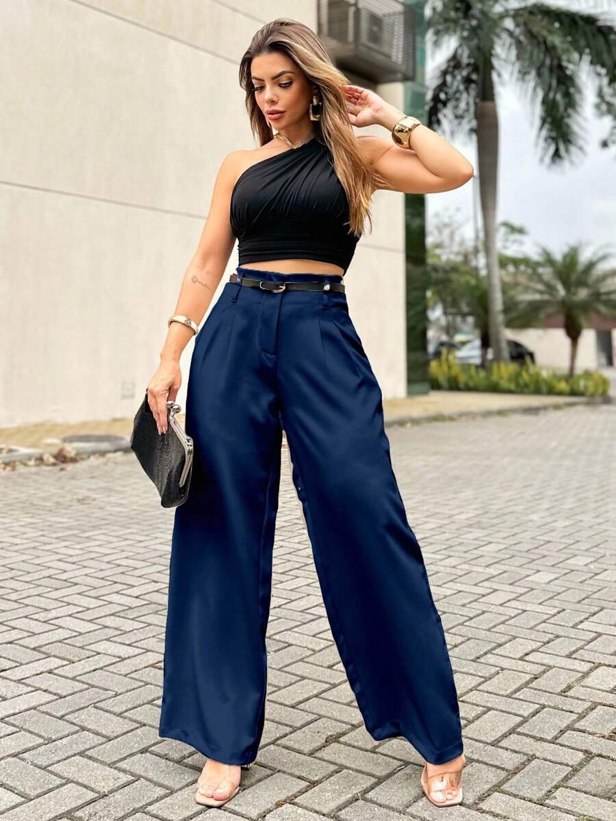 EMILI LLANA MODA Women's Tailored Pantaloons With A Slim Belt - Màu xanh hải quân - Xem 1