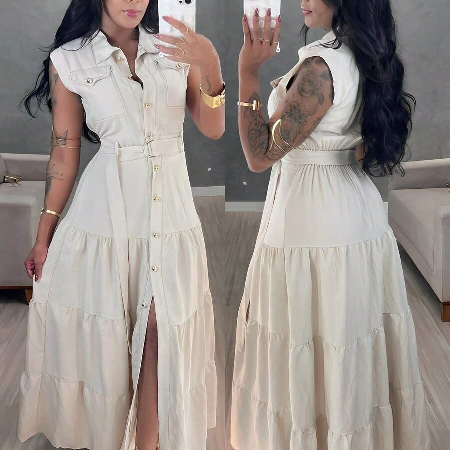 Long Chemise Dress With Buttons And Sash Belt – Elegant And Modern - 米色 - 查看 1