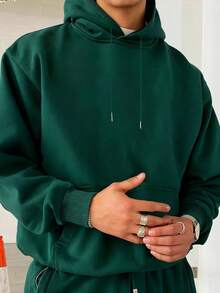 GRDR Men's Casual Street Hooded Sweatshirt, Solid Color With Thermal Lining, Loose Fit, Autumn/Winter - Green - View 3