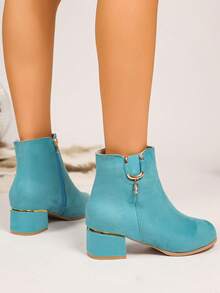 Fall/Winter Simple Style Mid-Heel Thick Heel Pink Suede Women Ankle Boots With Rhinestone Pendant Side Zipper Design, Fashionable & Elegant - Baby Blue - View 6