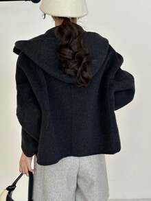 Black Wool Blend Bomber Jacket For Women Regular Length Long Sleeve With Zipper And Fuzzy Details - Carbon Black - View 3