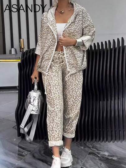 Women's Fall Winter Bestselling Pants Set - Random Print Hooded Top & Straight Leg Trousers, Casual Daily Outfit