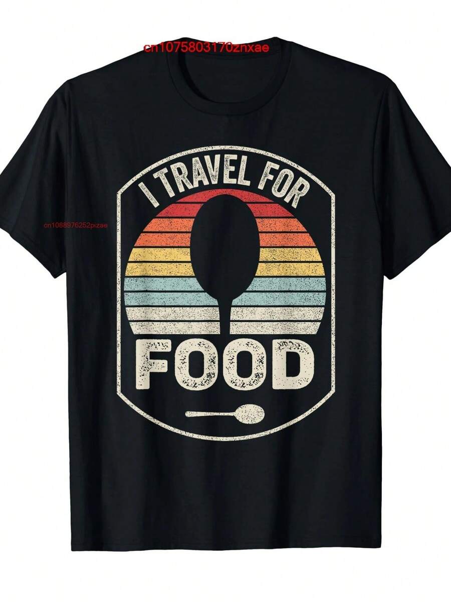 100% Cotton Vintage Retro I Travel For Food T-Shirt MEN WOMEN UNISEX T Shirts Size S-6XL - 黑色 - 查看 1