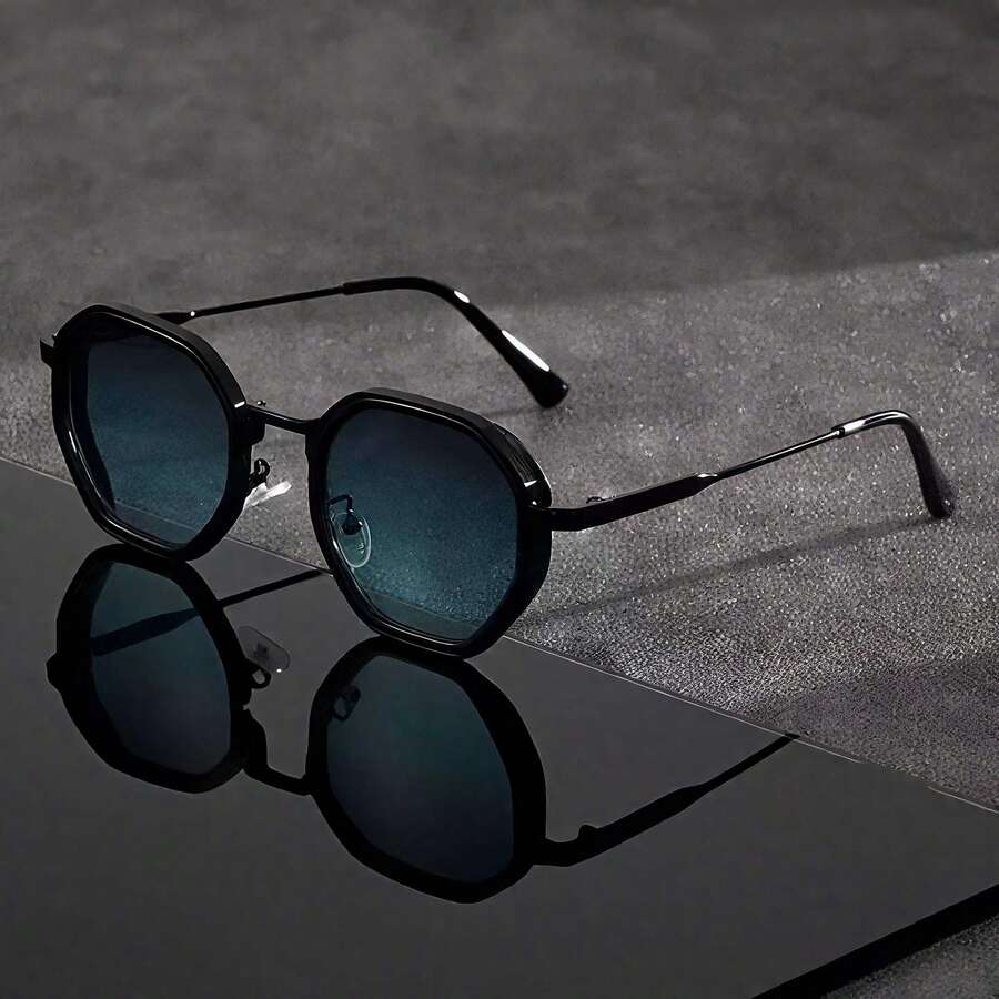 1 par de gafas de moda con marco pequeño y poligonal de estilo retro, patas de metal unisex minimalistas y versátiles para vacaciones, fiestas y uso diario