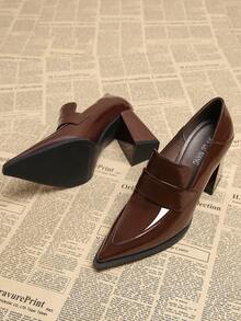 2025 春季新款尖头低跟高跟鞋，优雅简约时尚女鞋，棕色粗跟浅口鞋 - 酒紅色 - 查看 4