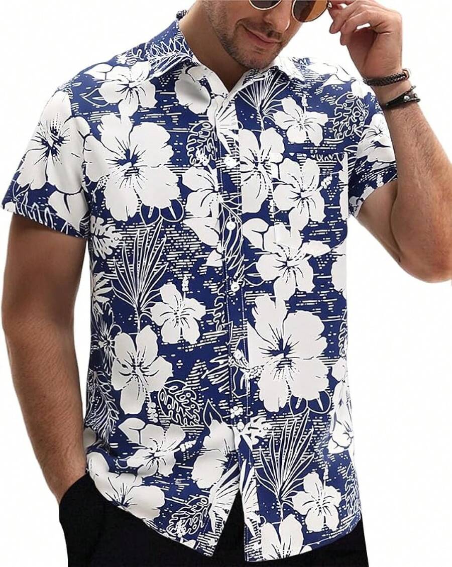 Hawaiian Shirt For Men Short Sleeve Floral Printed Casual Button Down Summer Beach Dress Shirts-20256688 - Navy09 - View 1