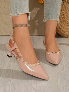 Fashionable Studded High Heel Pointed Toe Party Shoes, Stiletto Heel Sandals With Strap For Teenagers And Students - Pink - View 10