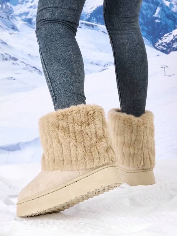 Women's Classic Faux Fur Lined Round Toe Flat Snow Boots, Thick Sole Winter Snow Boots, Warm Ankle Boots, Elegant & Comfortable Ankle Boots