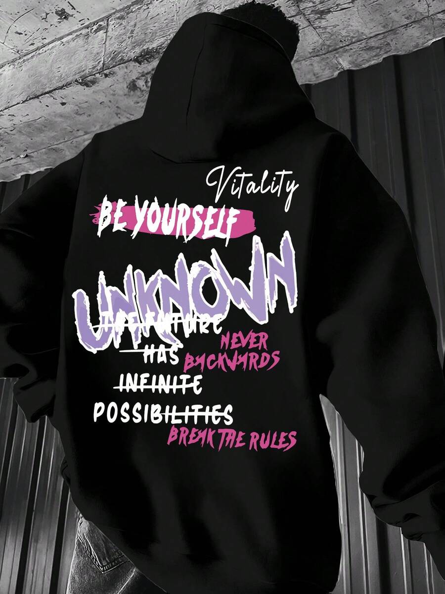 1pc Sudadera casual para hombre con estampado geométrico y frase inspiradora, tejido de punto de poliéster, ligera elasticidad, cuello con capucha, ajuste regular, temporada primavera/otoño - Lo desconocido tiene infinitas posibilidades de diseño. C8HC - Negro - Ver 1