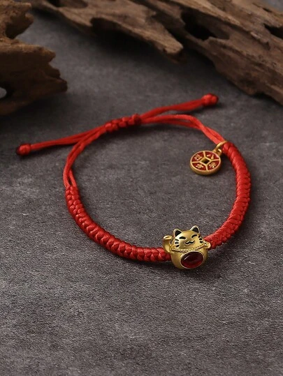 1pc Chinese Style New Year Auspicious Painting Oil Maneki-Neko Copper Coin Pendant Red Braided Bracelet, Suitable For Women, Daily, Party, Festival, Personalized Accessory, Gift For Family And Friends