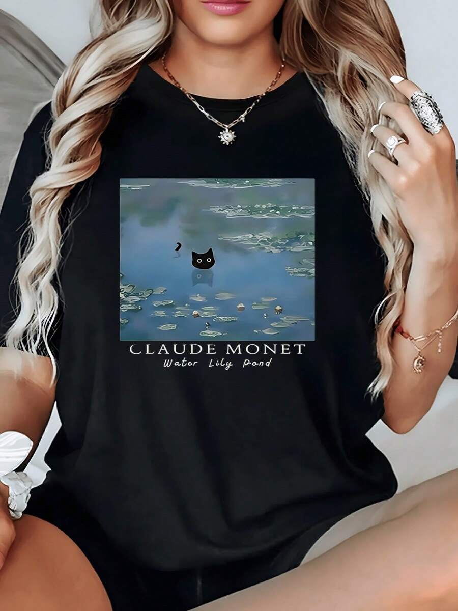 Camiseta Negra Mujer Gato Claude Monet 1 unidad de Camisa de T 100% algodón para Mujer Motivo Gato Negro Flotante en Estanque Nenúfares Monet Camisa de T con Estampado Digital 220 Gramos Estilo Artístico Único - Negro - Ver 1
