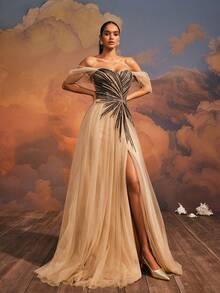 VIPGIRL 奢华香槟金露肩亮片层叠薄纱高开衩露背系带长裙，适合女性，梦幻晚礼服，适合舞会和宴会，优雅连衣裙，舞会礼服，梦幻设计，薄纱袖子 - 卡其色 - 查看 8