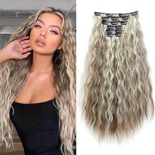 Clip In Hair Extensions,6PCS Hair Extensions Long Mermaid Waves Wavy Synthetic Clip On Hairpiece For Women 24 Inch Light Brown With Blonde Highlights - Blonde Brown 6H613 - View 1